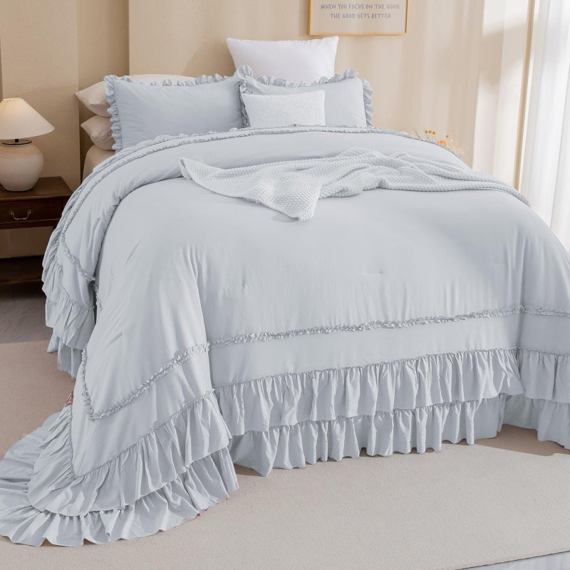 Masaca Oversized King Comforter 128x120 3 Pieces Vintage Farmhouse Ruffled Bedding Comforter Set Lightweight Ultra Soft French Country Bedding (1 Light Blue Ruffle Comforter +2 Pillowcases) - Image 1